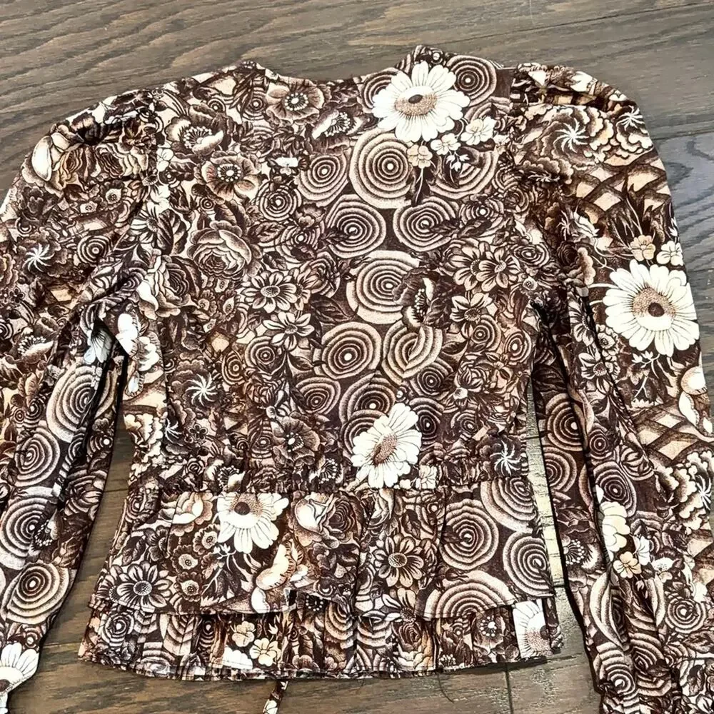 Ulla Johnson Brown Floral Cotton Peplum Blouse Puff Sleeve Boho Romantic Size 4